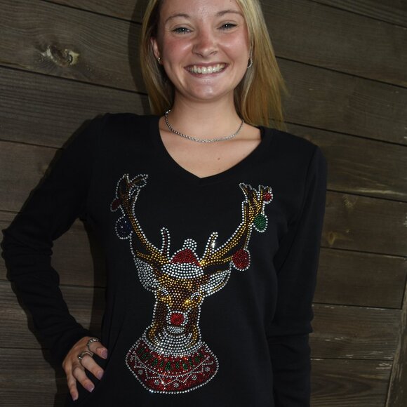 Christmas Deer in sweater rhinestone bling long sleeve shirt XS S M L XL XXL 1X… - Picture 1 of 8